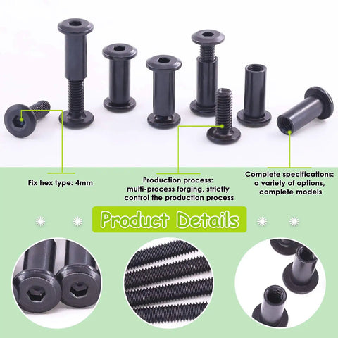 Top Notch Hella Tough Heavy Duty Slick Black M6 Barrel Nuts Kit Featuring Binding Screws Posts for furniture and crafts.