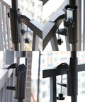 Clamp On Patio Umbrella Holder Clip For Rails No Hassle Adjustable Clamp For Poles Up To One And A Half Inches Fits Balcony Deck Beach Courtyard Outdoor Spaces Black shown on balcony rail