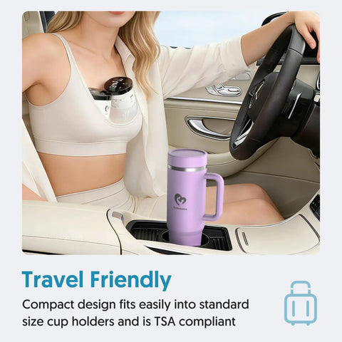 Portable Breast Milk Cooler With 24 Hour All Round Cooling And 18oz BPA Free Container and 50oz Insulated Tumbler in car cup holder.