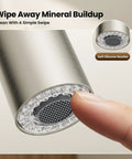 Close-up of JOMOO Brushed Nickel Kitchen Faucet with Pull Down Sprayer, 2-Mode showing silicone nozzles for easy cleaning.
