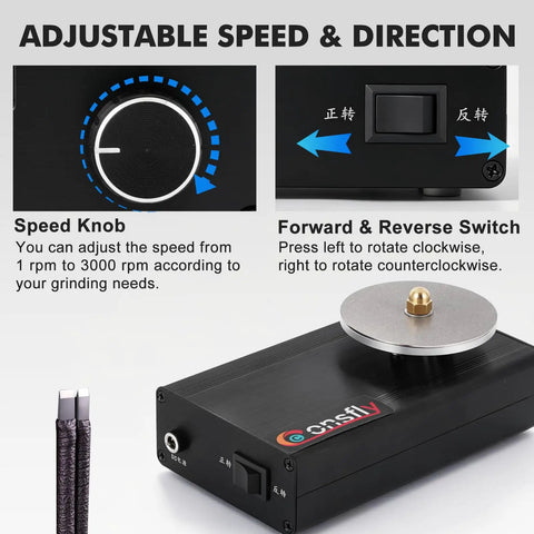 Adjustable speed knob and forward-reverse switch on Heavy Duty Variable Speed Engraving Knife Sharpening Station.