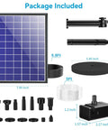 Package contents of 8W Solar Water Pump With Built In 3600mAh Battery Backup For Bird Bath Pond and Garden Water Features All In One Kit