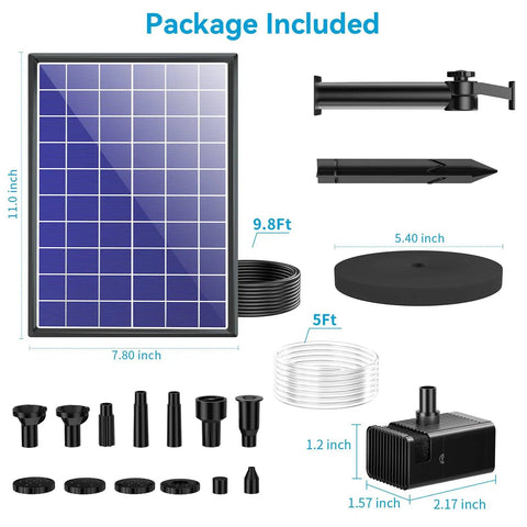 Package contents of 8W Solar Water Pump With Built In 3600mAh Battery Backup For Bird Bath Pond and Garden Water Features All In One Kit