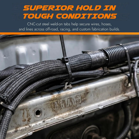 Zip Tie Weld On Tabs 10 Pack CNC Cut Steel Weld Tabs For Wire Routing And Cable Management on an automotive engine