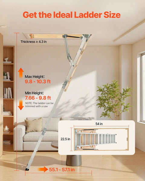 Aluminum Attic Ladder Foldable With Adjustable Heights For 7.66 To 10.3 Foot Ceilings, 54 By 22.5 Inch Opening, 375 Lb Load Capacity, Lightweight Portable Stairs For Super Handy Easy Home Access And Storage shown with size guide