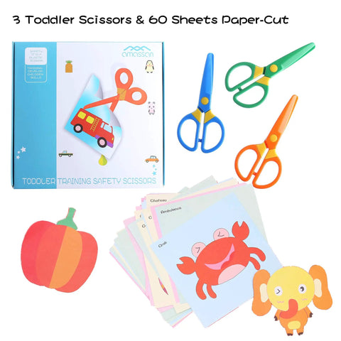 3 Pack Toddler Safety Scissors Kit with Child Safe Preschool Training Scissors and 60 Sheets Craft Paper and colorful handles