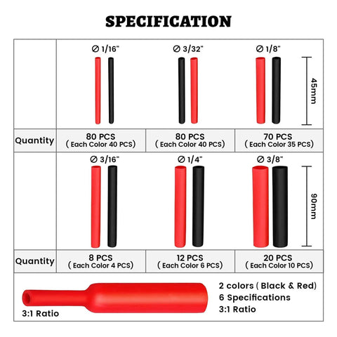 Specification chart for Waterproof Red And Black Heat Shrink Tubing Kit With 3 To 1 Shrink Ratio Adhesive Lined Heavy Duty Marine Grade