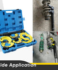 Interchangeable Fork Strut MacPherson Spring Compressor Kit With Universal Coil Extractor Tool Set shown in blue case with components