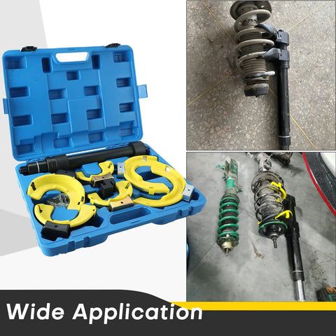 Interchangeable Fork Strut MacPherson Spring Compressor Kit With Universal Coil Extractor Tool Set shown in blue case with components