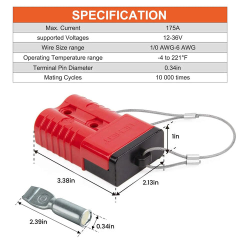 2-4 Gauge Battery Quick Connectors 175A Powerpole Kit For 12V-36V Winches ATVs with red and black connector specifications
