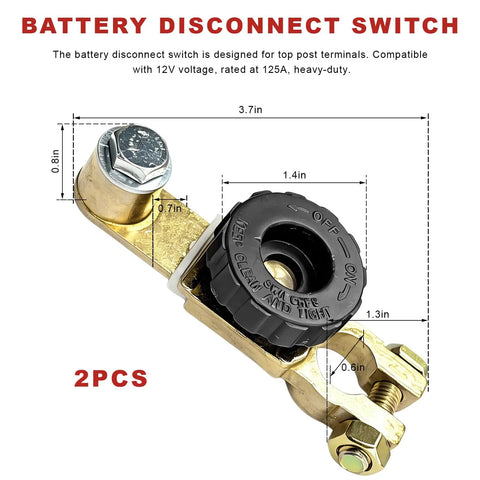 Heavy Duty Top Post Battery Disconnect Switch 12V 125A Quick Automatic Shutdown Knob for size and dimensions on a white background.