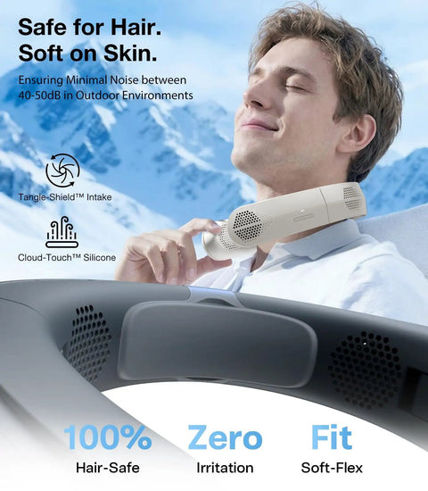 Man wearing 360 Degree Cooling Neck Fan With Turbo Airflow, Portable Foldable Neckband, 14 Hour Battery Life, lightweight blue design