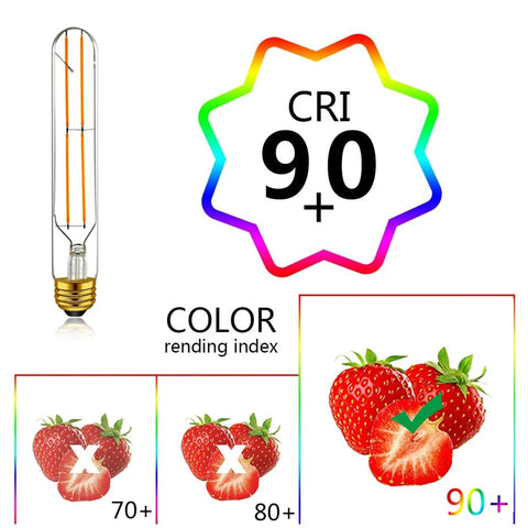 Dimmable 6W Edison Tubular LED Bulbs T10 T30 With E26 Base 4000K daylight white, CRI 90+, color rendering comparison with strawberries.