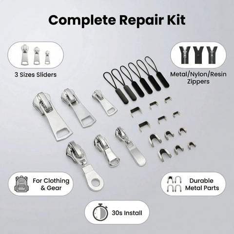 Complete Three In One Zipper Repair Kit With Anti Slip Lock Sliders And Replacement Pulls, 6 Metal Zippers And Stops