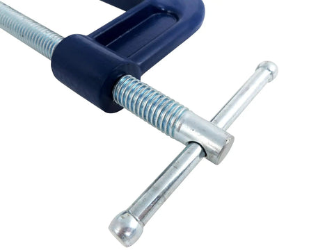 Close-up of Professional Heavy Duty 6 Inch C Clamps 2 Pack showing Acme thread screw and swivel pad detail.