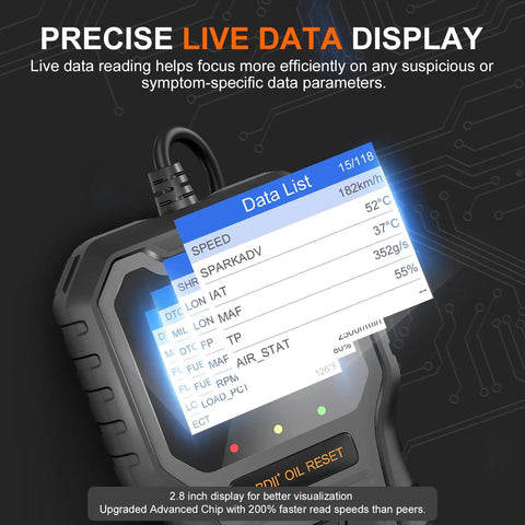OBD2 Car Code Reader And Oil Light Reset Scanner For 1996 And Up Cars showing live data display on screen