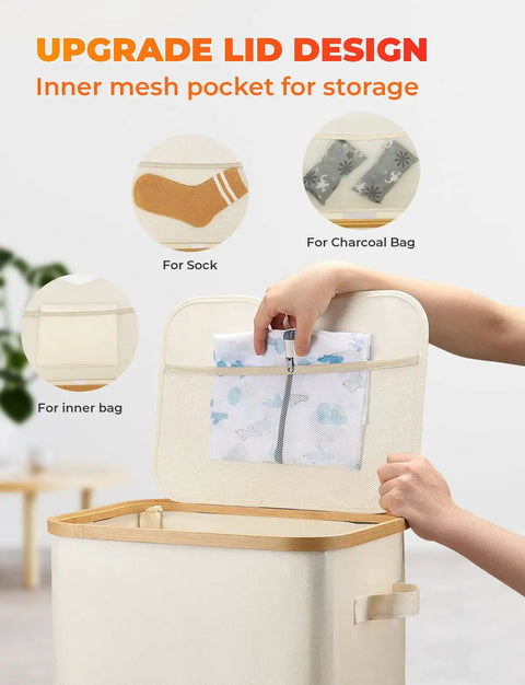 60L Collapsible Laundry Basket With Lid, Waterproof Oxford Fabric Tote showing upgraded lid with inner mesh pocket