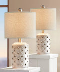Farmhouse Ceramic Table Lamp Set Of 2 18.5 Inch Open Diamond Motif With Drum Linen Shade Cozy Warm Ambient Light For Living Room Bedroom Foyer Nightstand End Table Decor