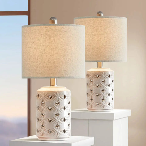 Farmhouse Ceramic Table Lamp Set Of 2 18.5 Inch Open Diamond Motif With Drum Linen Shade Cozy Warm Ambient Light For Living Room Bedroom Foyer Nightstand End Table Decor