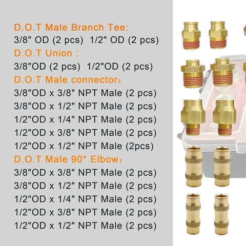 DOT Air Brake Brass Push In Fittings Kit 30 Piece Includes Three Eighths Inch Union Elbows Tees Bulkhead Unions shown with list