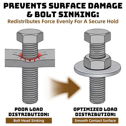 Illustration showing Heavy Duty Steel Fender Flat Washers Set 5/16 X 1-1/5 Inch Zinc Plated preventing bolt sinking