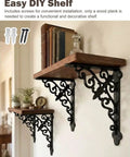 Rock Solid Vintage Cast Iron Shelf Brackets With Ornate European Scroll Design And Heavy Duty Floating Wall Mount Support For A Total Home Game Changer, showcasing two wooden shelves with decorative brackets.