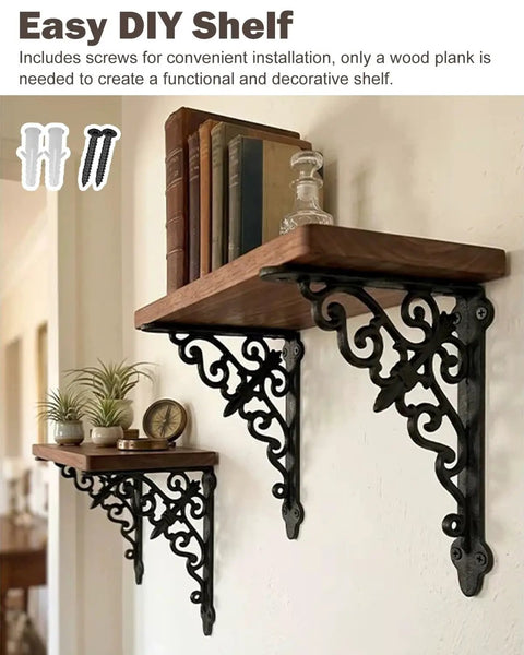 Rock Solid Vintage Cast Iron Shelf Brackets With Ornate European Scroll Design And Heavy Duty Floating Wall Mount Support For A Total Home Game Changer, showcasing two wooden shelves with decorative brackets.