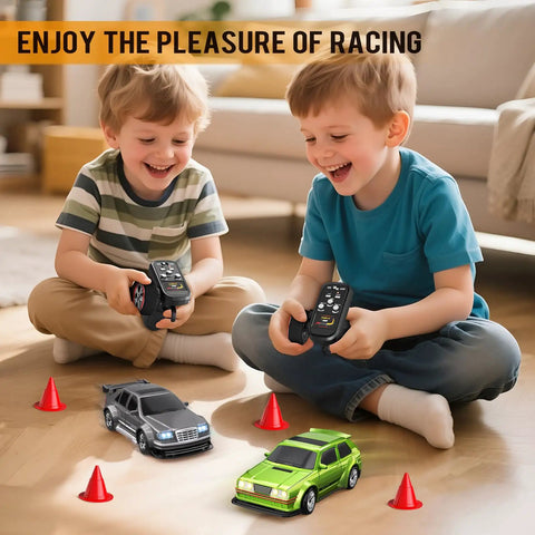 Two kids enjoying Proportional One Forty Third RC Drift Car With Gyro, 4WD Drive, RTR Model Vehicle in lime green color indoors.