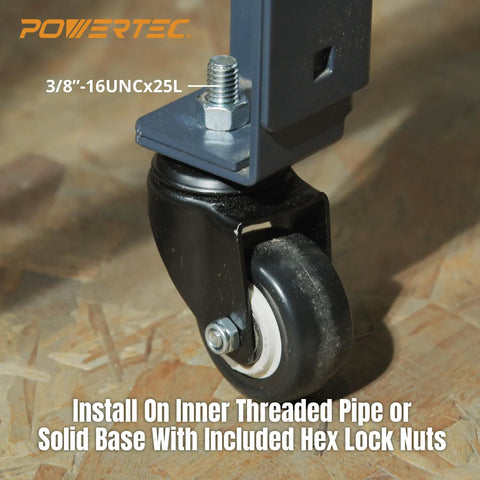 Close-up of a mounted two-inch caster wheel with 360 degree swivel and dual locking brakes for heavy-duty use. Focus keyword: Two Inch Caster Wheels Set Of Four With 360 Degree Swivel And Dual Locking Brakes For Furniture Carts Trolleys And Toolboxes Heavy Duty 350 Lb Capacity PU Quiet Mobility Smooth Non Marring Rollers.