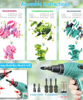 Take Apart Dinosaur Toys For Kids Aged 3 Through 7 With Electric Drill STEM Building Set Three Pack Featuring Pink Triceratops Green Tyrannosaurus Rex And Cyan Velociraptor instructional assembly guide and drill set