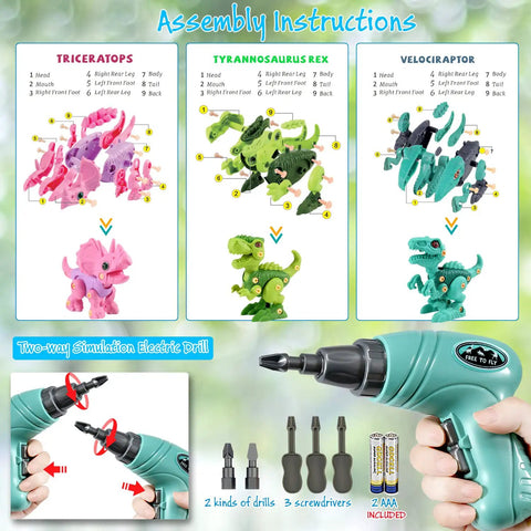 Take Apart Dinosaur Toys For Kids Aged 3 Through 7 With Electric Drill STEM Building Set Three Pack Featuring Pink Triceratops Green Tyrannosaurus Rex And Cyan Velociraptor instructional assembly guide and drill set