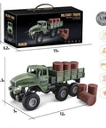 One Sixteenth Scale 6x6 RC Military Truck Off Road Toy Car 4WD All Terrain Army Transport Vehicle With Real Rubber Tires And Front LED Lights A Dope Gift For Kids Boys And Teens, shown with packaging and toy truck nearby.