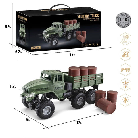 One Sixteenth Scale 6x6 RC Military Truck Off Road Toy Car 4WD All Terrain Army Transport Vehicle With Real Rubber Tires And Front LED Lights A Dope Gift For Kids Boys And Teens, shown with packaging and toy truck nearby.