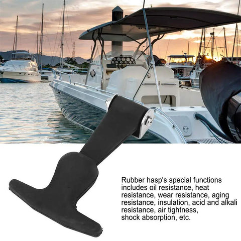 Flexible Rubber Hood Catch With T Handle Draw Latch System, elastomer body with stainless bracket, in marina setting