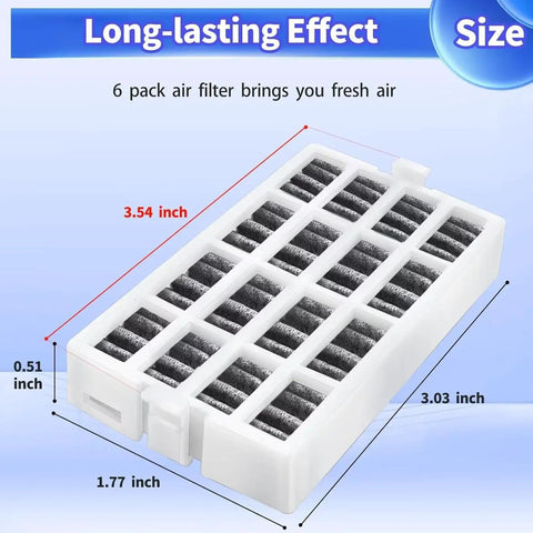 Fridge Air Filter Replacement Cartridge 6 Pack That Keeps Odors Out For Up To 6 Months Fits Whirlpool Maytag KitchenAid JennAir Kenmore AIR1 Fresh Flow White showing size dimensions in inches.