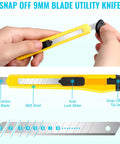 Exacto Knife Set With 2 Craft Knives And 40 Replacement Blades, Self Healing Cutting Mat, 6 Inch Ruler, Great For Scrapbooking Stencils Fondant Paper Crafting And Precision Art Carving, showing a hand holding a yellow snap-off utility knife with high carbon steel blade, ABS shell, auto lock slider, and blade details.