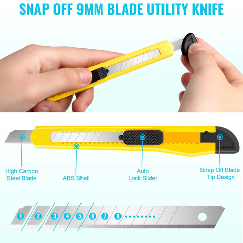 Exacto Knife Set With 2 Craft Knives And 40 Replacement Blades, Self Healing Cutting Mat, 6 Inch Ruler, Great For Scrapbooking Stencils Fondant Paper Crafting And Precision Art Carving, showing a hand holding a yellow snap-off utility knife with high carbon steel blade, ABS shell, auto lock slider, and blade details.