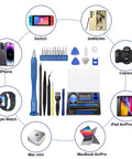 Dope 22 Piece Precision Screwdriver Set For Apple Devices And Computers with tools, bits, and electronics like iPhone, Switch, and MacBook.
