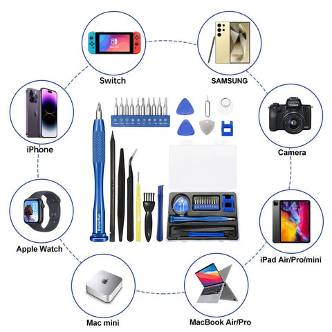 Dope 22 Piece Precision Screwdriver Set For Apple Devices And Computers with tools, bits, and electronics like iPhone, Switch, and MacBook.
