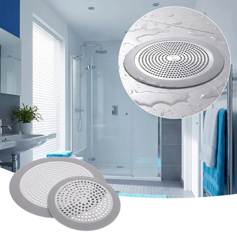 Amaxiu 2Pcs Shower Drain Hair Catcher, 3.54in/5.7in Shower Drain Cover in a modern bathroom with wet floor.