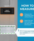 Diagram showing measurement instructions for Durable Aluminum 16x8 Duct Opening Wall Vent Cover With Adjustable Front Blades No Rust Premium Register Vent Overall Size 17 5 8 By 9 5 8 Inches Easy Fit For Home Air Vents.