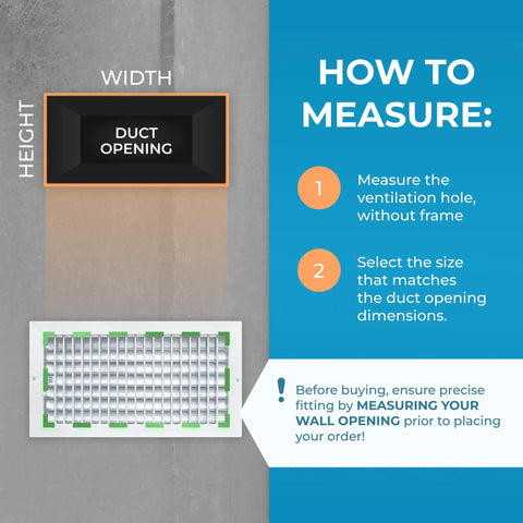 Diagram showing measurement instructions for Durable Aluminum 16x8 Duct Opening Wall Vent Cover With Adjustable Front Blades No Rust Premium Register Vent Overall Size 17 5 8 By 9 5 8 Inches Easy Fit For Home Air Vents.