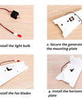 DIY Hydroelectric Power Generator Kit assembly steps showing light bulb, generator, fan blades, and horizontal plate.