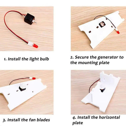 DIY Hydroelectric Power Generator Kit assembly steps showing light bulb, generator, fan blades, and horizontal plate.