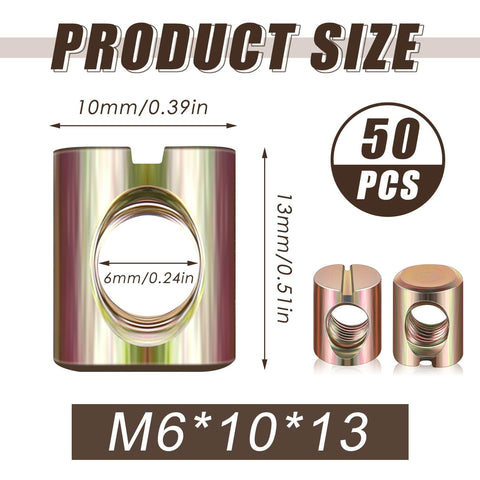 Image displaying Bulk 50 Pcs M6 Barrel Nuts Kit For Cross Dowels Slotted Nuts Replacement Hardware For Bunk Beds Headboards Baby Cribs Chairs And Furniture Gold Finish Great For DIY Projects M6 X 10 mm X 13 Mm with size dimensions shown.