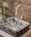 UMJIGF Vessel Sink Outdoor Courtyard Retro Ceramic Table Basin Wash Basin with floral design and gold faucet.