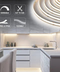 Modern kitchen with RibbonFlex Pro 24V White COB Tape Light 3000K 16.4 ft, showing dimmable, cuttable, peel-and-stick features.