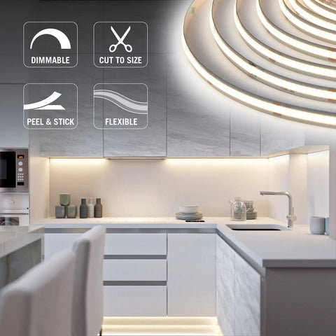Modern kitchen with RibbonFlex Pro 24V White COB Tape Light 3000K 16.4 ft, showing dimmable, cuttable, peel-and-stick features.