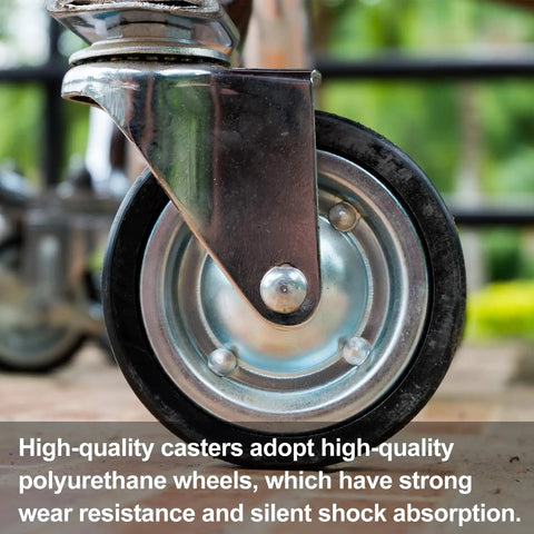 Close-up of Five Inch Rubber Caster Wheels With Two Swivel And Two Rigid Rollers Non Marking Silent Drive Built Tough.