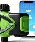 Smart Hose Timer No Hub Required With App Remote Control For Garden And Lawn Alexa And Google Voice Control Rain Delay IP55 Waterproof 2 4 GHz WiFi Connection No Hub Setup Easy Outdoor Watering shown with app interface on smartphone screen